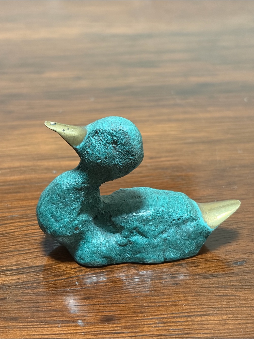 Vintage Turquoise Patina Duck Figurine with Brass Accents